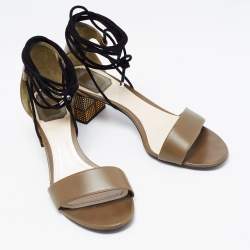 Pre Owned Dior Olive Green Leather Rainbow Stellar Block Heel Lace Up Sandals Size 39.5