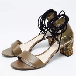 Pre Owned Dior Olive Green Leather Rainbow Stellar Block Heel Lace Up Sandals Size 39.5