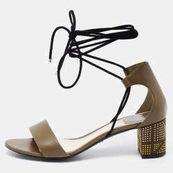 Pre Owned Dior Olive Green Leather Rainbow Stellar Block Heel Lace Up Sandals Size 39.5