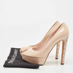 Dior Light Pink Patent Leather Peep Toe Cannage Heel Platform Pumps Size 37.5
