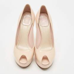 Dior Light Pink Patent Leather Peep Toe Cannage Heel Platform Pumps Size 37.5