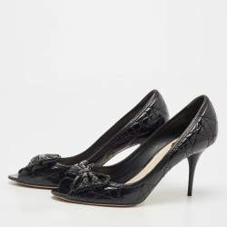 Pre Owned Dior Black Cannage Patent Leather Bow Peep Toe Pumps Size 41.5 