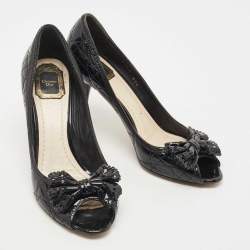 Pre Owned Dior Black Cannage Patent Leather Bow Peep Toe Pumps Size 41.5 