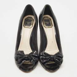 Pre Owned Dior Black Cannage Patent Leather Bow Peep Toe Pumps Size 41.5 