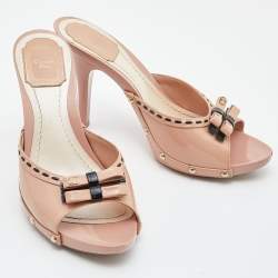 Dior Beige Patent Leather Idyll Studded Open Toe Slide Sandals Size 38.5
