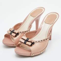 Dior Beige Patent Leather Idyll Studded Open Toe Slide Sandals Size 38.5