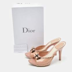 Dior Beige Patent Leather Idyll Studded Open Toe Slide Sandals Size 38.5