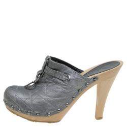 Dior Grey Metallic Cannage Stitched Leather Platform Clogs Size 36.5