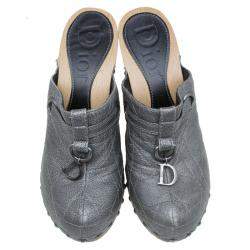 Dior Grey Metallic Cannage Stitched Leather Platform Clogs Size 36.5