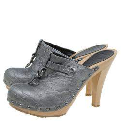 Dior Grey Metallic Cannage Stitched Leather Platform Clogs Size 36.5