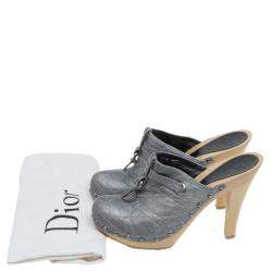 Dior Grey Metallic Cannage Stitched Leather Platform Clogs Size 36.5