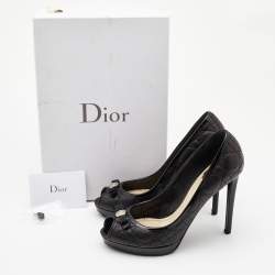 Pre Owned Dior Black Cannage Quilted And Patent Leather Bow Pumps Size 38.5
