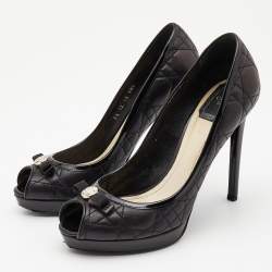 Pre Owned Dior Black Cannage Quilted And Patent Leather Bow Pumps Size 38.5
