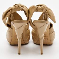 Dior Beige Quilted Leather Peep Toe Ruffle Detail Bow Slingback Sandals Size 37.5