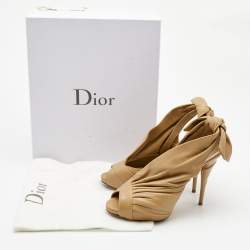 Dior Beige Quilted Leather Peep Toe Ruffle Detail Bow Slingback Sandals Size 37.5