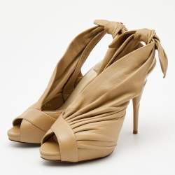 Dior Beige Quilted Leather Peep Toe Ruffle Detail Bow Slingback Sandals Size 37.5