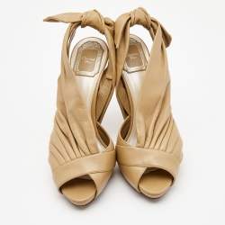 Dior Beige Quilted Leather Peep Toe Ruffle Detail Bow Slingback Sandals Size 37.5