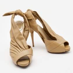 Dior Beige Quilted Leather Peep Toe Ruffle Detail Bow Slingback Sandals Size 37.5