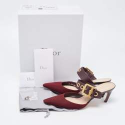 Dior Burgundy Leather and Mesh D Dior Buckle Mule Sandals Size 40