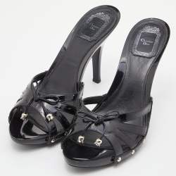 Dior Black Patent Leather Bow Strappy Slide Sandals Size 42