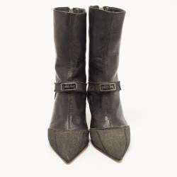 Pre Owned Dior Black Leather and Denim Pointed Toe Ankle Boots Size 36