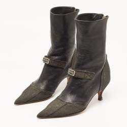 Pre Owned Dior Black Leather and Denim Pointed Toe Ankle Boots Size 36