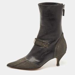 Pre Owned Dior Black Leather and Denim Pointed Toe Ankle Boots Size 36