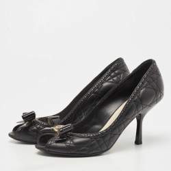 Pre Owned Dior Black Quilted Cannage Leather And Patent Bow Detail Peep Toe Pumps Size 37