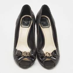 Pre Owned Dior Black Quilted Cannage Leather And Patent Bow Detail Peep Toe Pumps Size 37