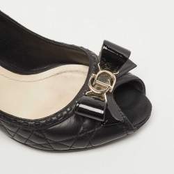 Pre Owned Dior Black Quilted Cannage Leather And Patent Bow Detail Peep Toe Pumps Size 37