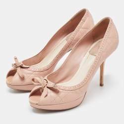 Pre Owned Dior Beige Cannage Leather Bow Peep Toe Pumps Size 37.5