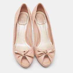 Pre Owned Dior Beige Cannage Leather Bow Peep Toe Pumps Size 37.5
