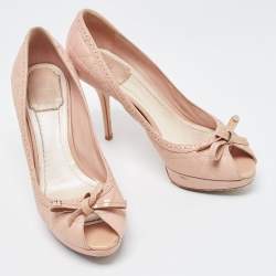 Pre Owned Dior Beige Cannage Leather Bow Peep Toe Pumps Size 37.5