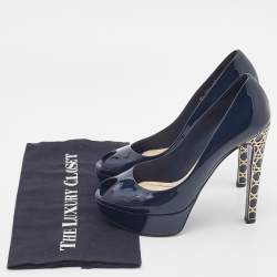 Pre Owned Dior Navy Blue Patent Leather Peep Toe Cannage Heel Platform Pumps Size 38.5