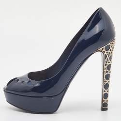 Pre Owned Dior Navy Blue Patent Leather Peep Toe Cannage Heel Platform Pumps Size 38.5