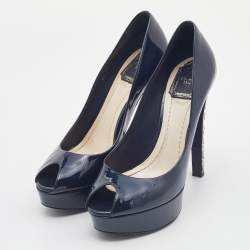 Pre Owned Dior Navy Blue Patent Leather Peep Toe Cannage Heel Platform Pumps Size 38.5