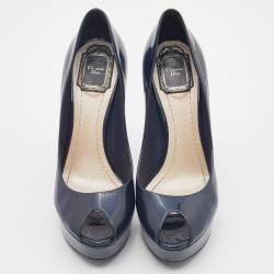 Pre Owned Dior Navy Blue Patent Leather Peep Toe Cannage Heel Platform Pumps Size 38.5
