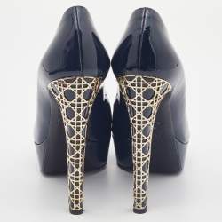 Pre Owned Dior Navy Blue Patent Leather Peep Toe Cannage Heel Platform Pumps Size 38.5