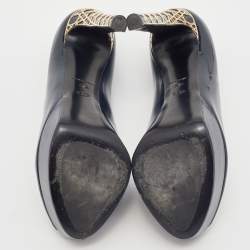 Pre Owned Dior Navy Blue Patent Leather Peep Toe Cannage Heel Platform Pumps Size 38.5