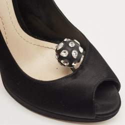 Dior Black Satin Crystal Embellished Peep Toe Pumps Size 39