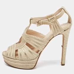 Dior Beige/Gold Embossed Python and Leather Platform Ankle Strap Sandals Size 39