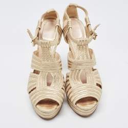 Dior Beige/Gold Embossed Python and Leather Platform Ankle Strap Sandals Size 39