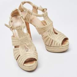 Dior Beige/Gold Embossed Python and Leather Platform Ankle Strap Sandals Size 39