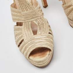 Dior Beige/Gold Embossed Python and Leather Platform Ankle Strap Sandals Size 39