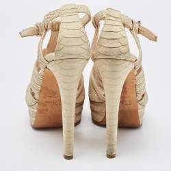 Dior Beige/Gold Embossed Python and Leather Platform Ankle Strap Sandals Size 39