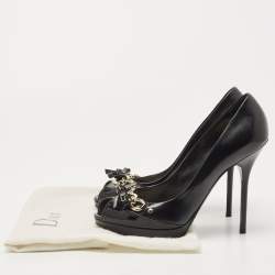 Pre Owned Dior Black Patent Leather Bow Chain Detail Peep Toe Pumps Size 39.5