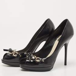 Pre Owned Dior Black Patent Leather Bow Chain Detail Peep Toe Pumps Size 39.5