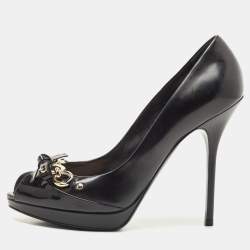 Pre Owned Dior Black Patent Leather Bow Chain Detail Peep Toe Pumps Size 39.5