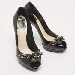 Pre Owned Dior Black Patent Leather Bow Chain Detail Peep Toe Pumps Size 39.5