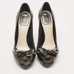 Pre Owned Dior Black Patent Leather Bow Chain Detail Peep Toe Pumps Size 39.5